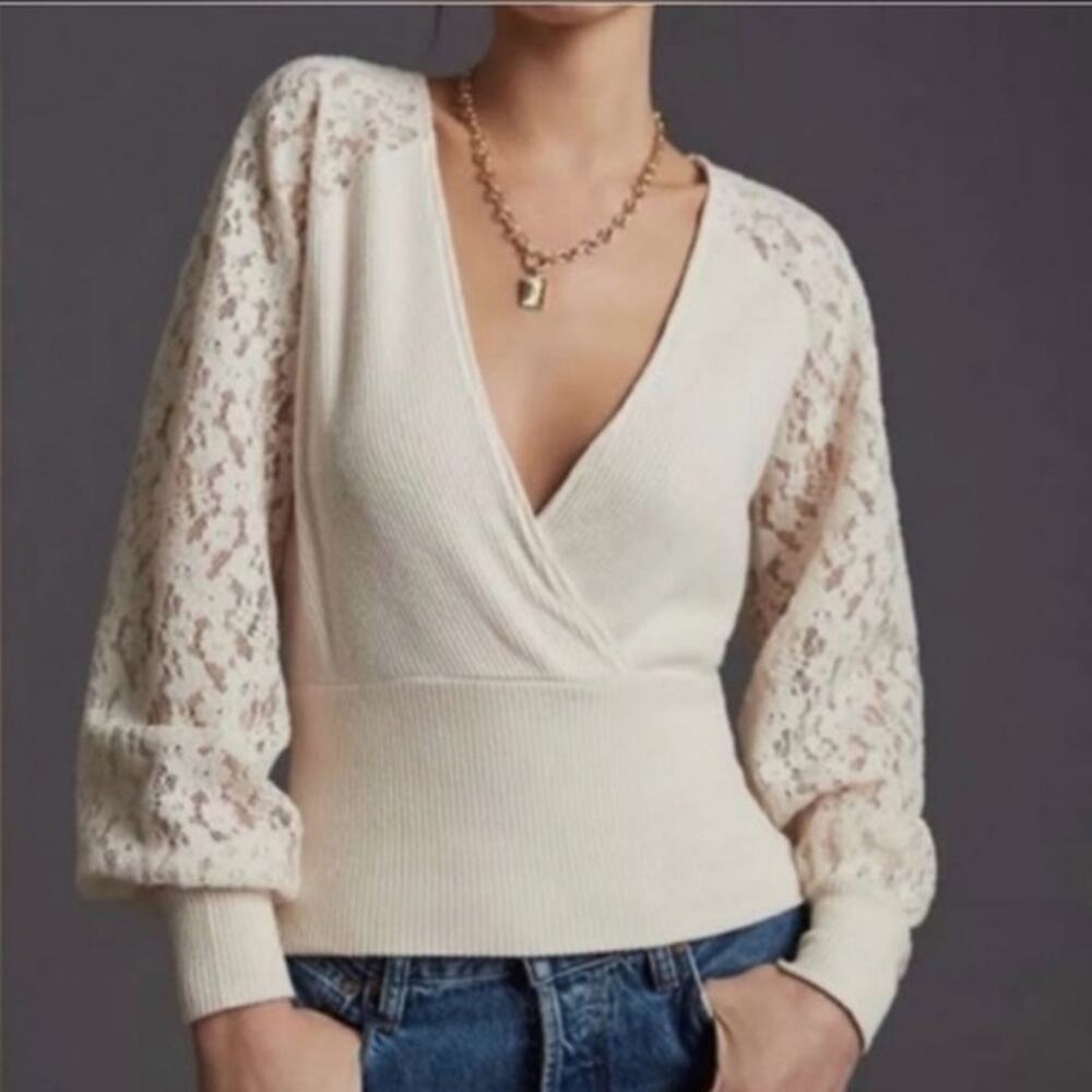 Anthropologie cream lace-sleeve balloon faux wrap sweater
